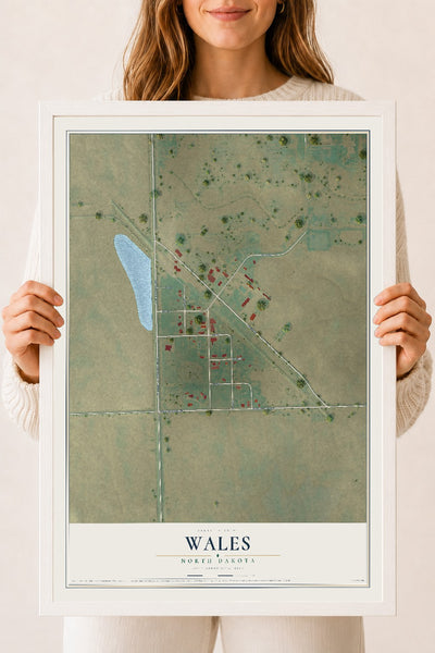 Map of Wales, North Dakota, 18 x 24 inch print in a white wood frame