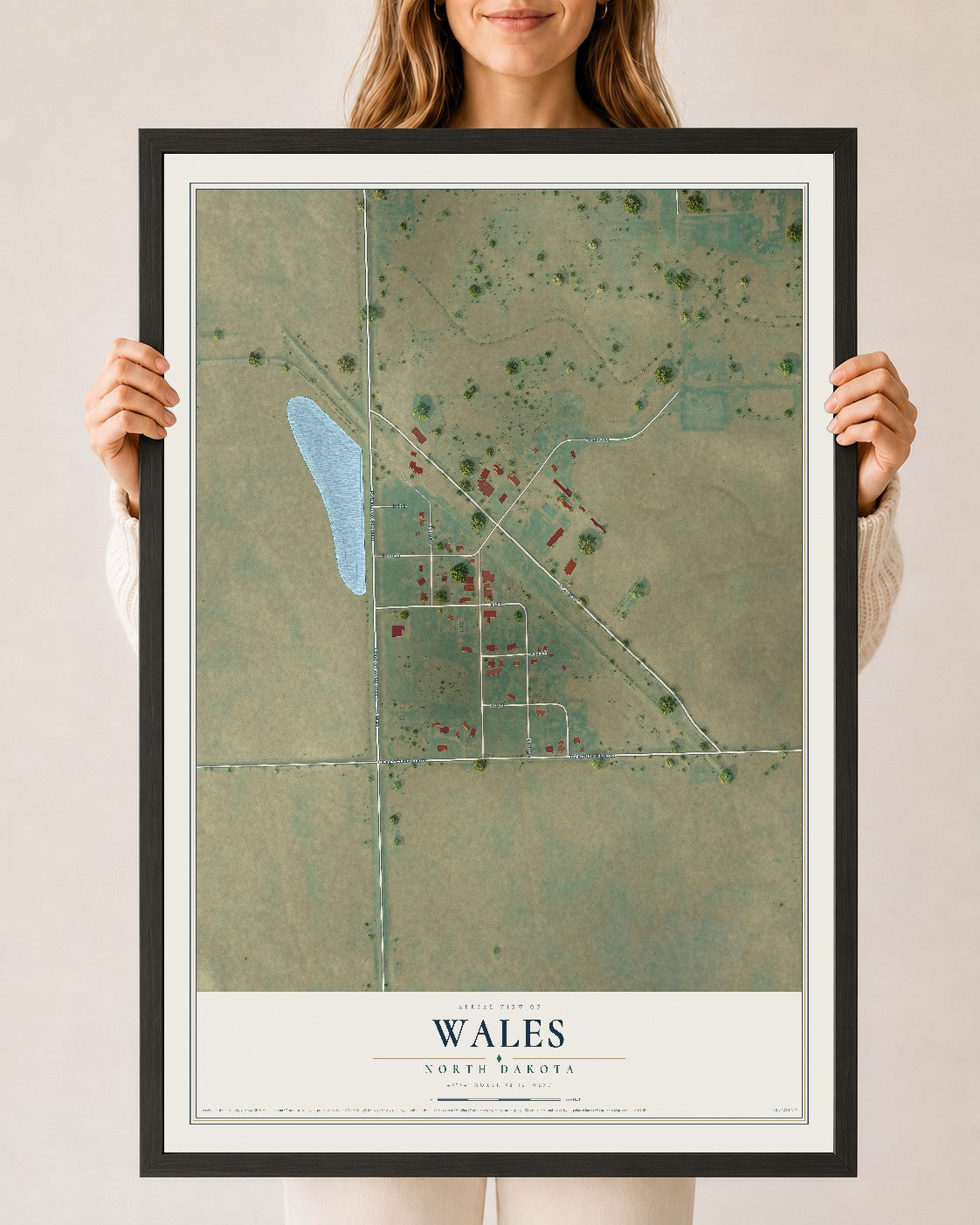 Map of Wales, North Dakota, 24 x 36 inch print in a black wood frame