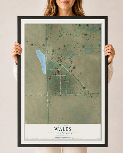 Map of Wales, North Dakota, 24 x 36 inch print in a black wood frame