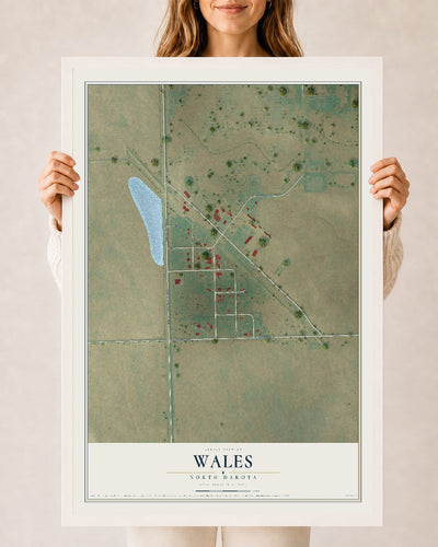 Map of Wales, North Dakota, 24 x 36 inch print in a white wood frame