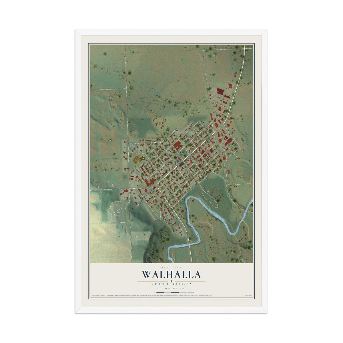 Map of Walhalla, North Dakota, 12 x 18 inch print in a white wood frame