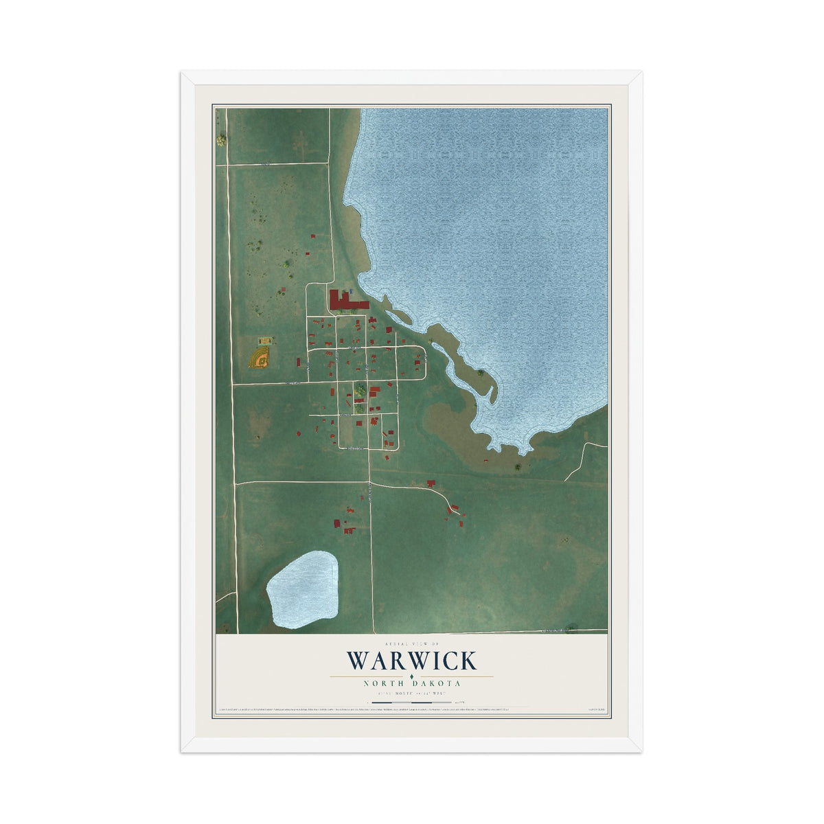 Map of Warwick, North Dakota, 12 x 18 inch print in a white wood frame