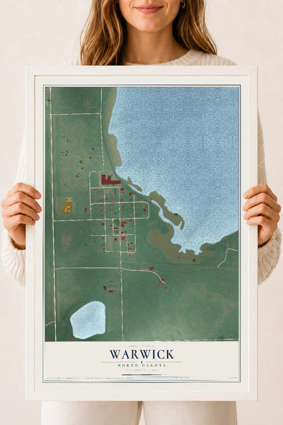 Map of Warwick, North Dakota, 18 x 24 inch print in a white wood frame