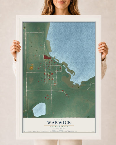 Map of Warwick, North Dakota, 24 x 36 inch print in a white wood frame