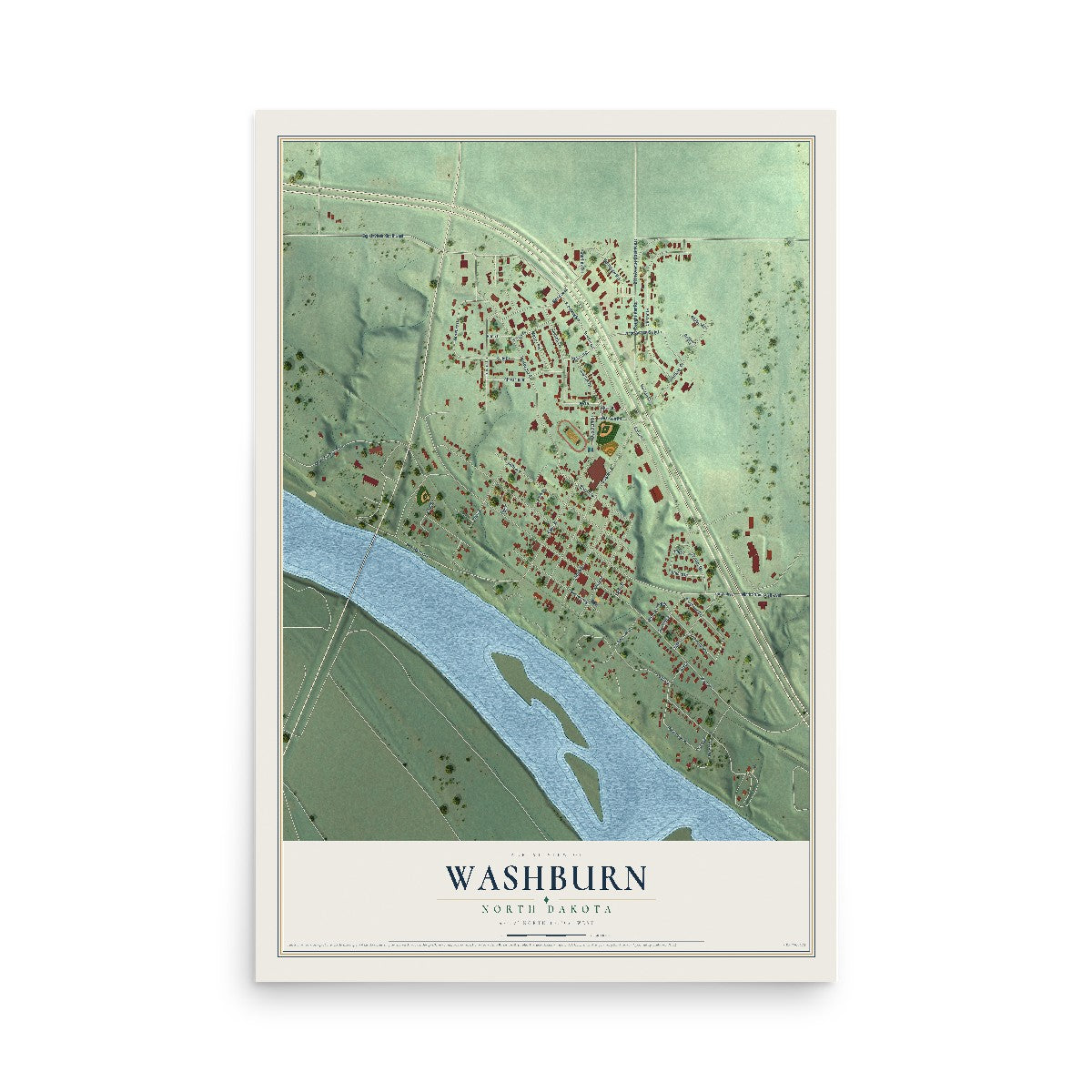 Map of Washburn, North Dakota, 12 x 18 inch unframed archival matte print