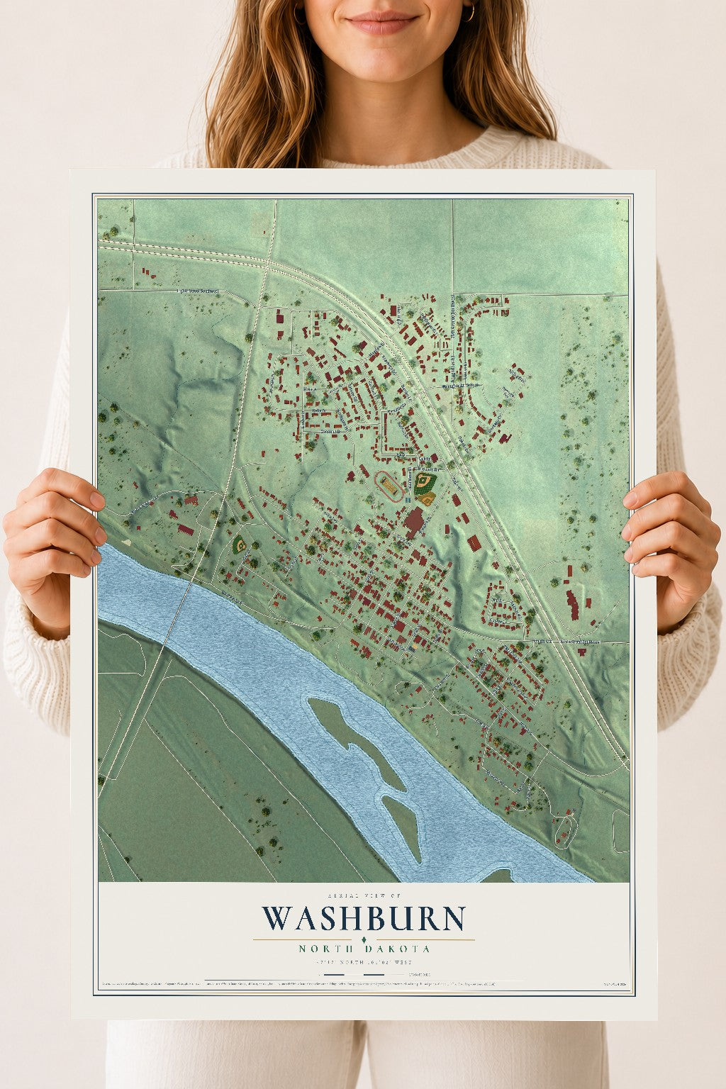 Map of Washburn, North Dakota, 18 x 24 inch unframed archival matte print