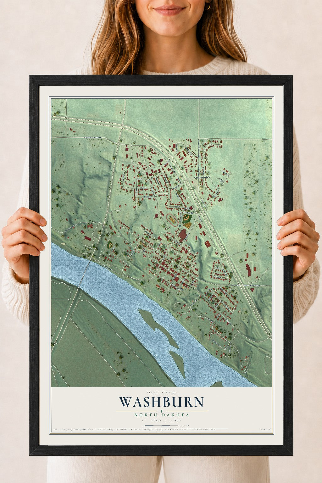 Map of Washburn, North Dakota, 18 x 24 inch print in a black wood frame