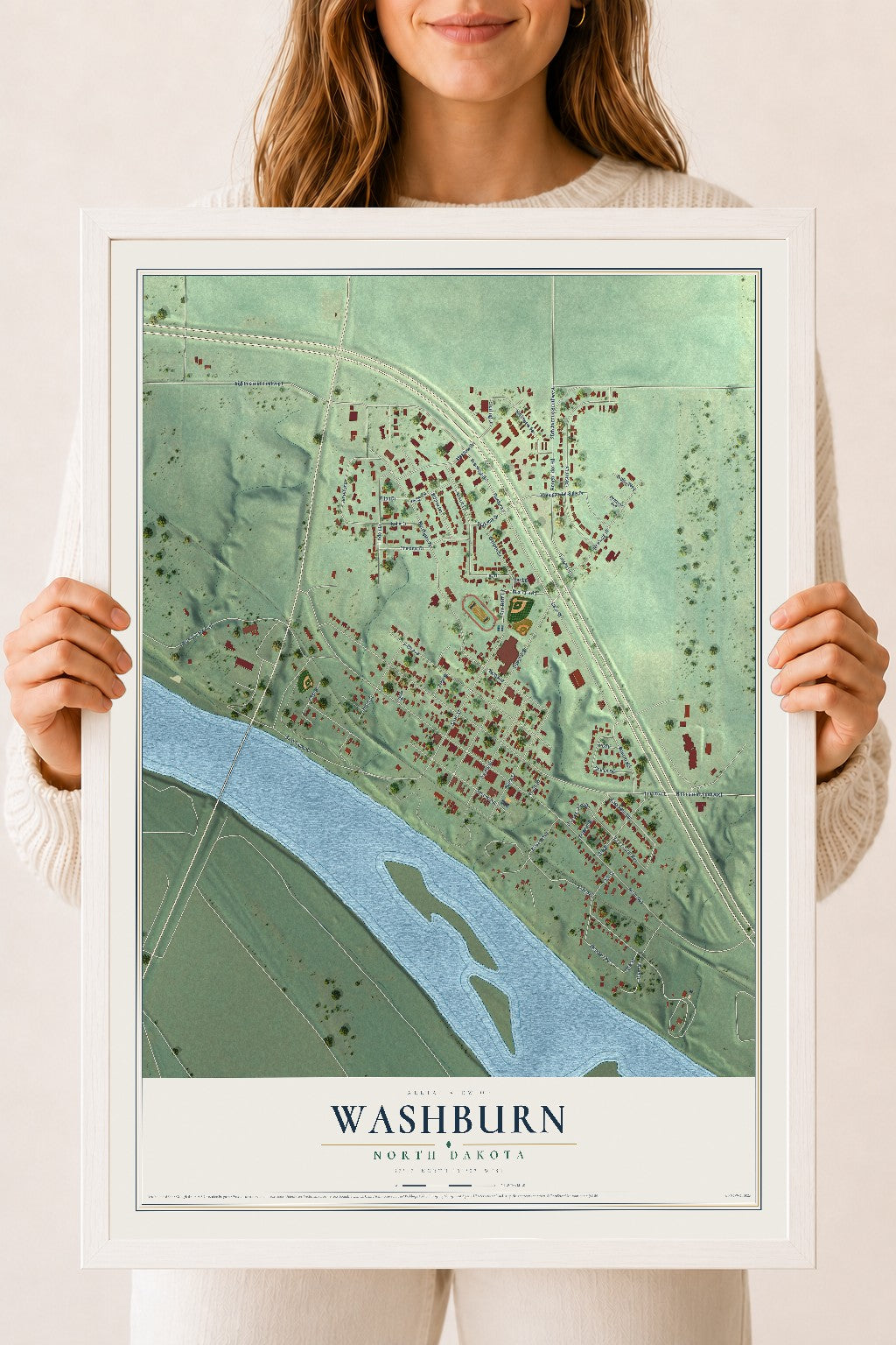 Map of Washburn, North Dakota, 18 x 24 inch print in a white wood frame