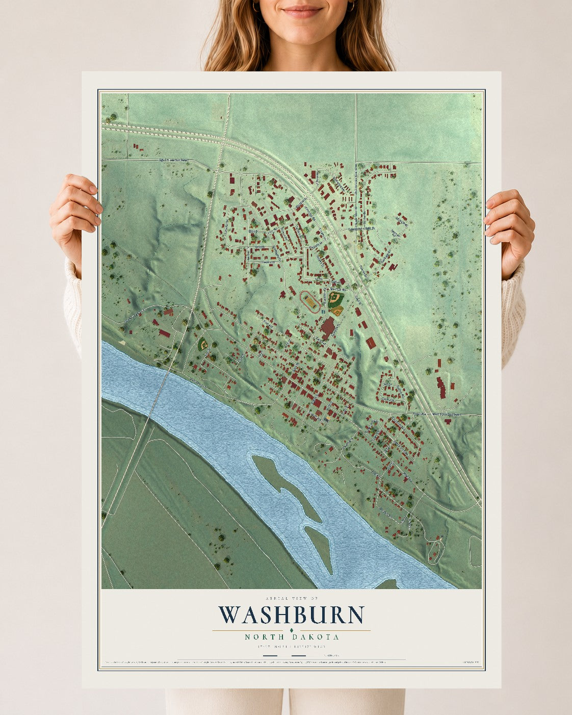 Map of Washburn, North Dakota, 24 x 36 inch unframed archival matte print