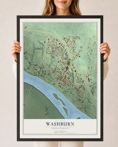 Map of Washburn, North Dakota, 24 x 36 inch print in a black wood frame