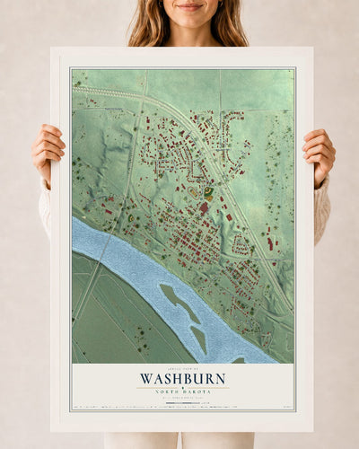 Map of Washburn, North Dakota, 24 x 36 inch print in a white wood frame
