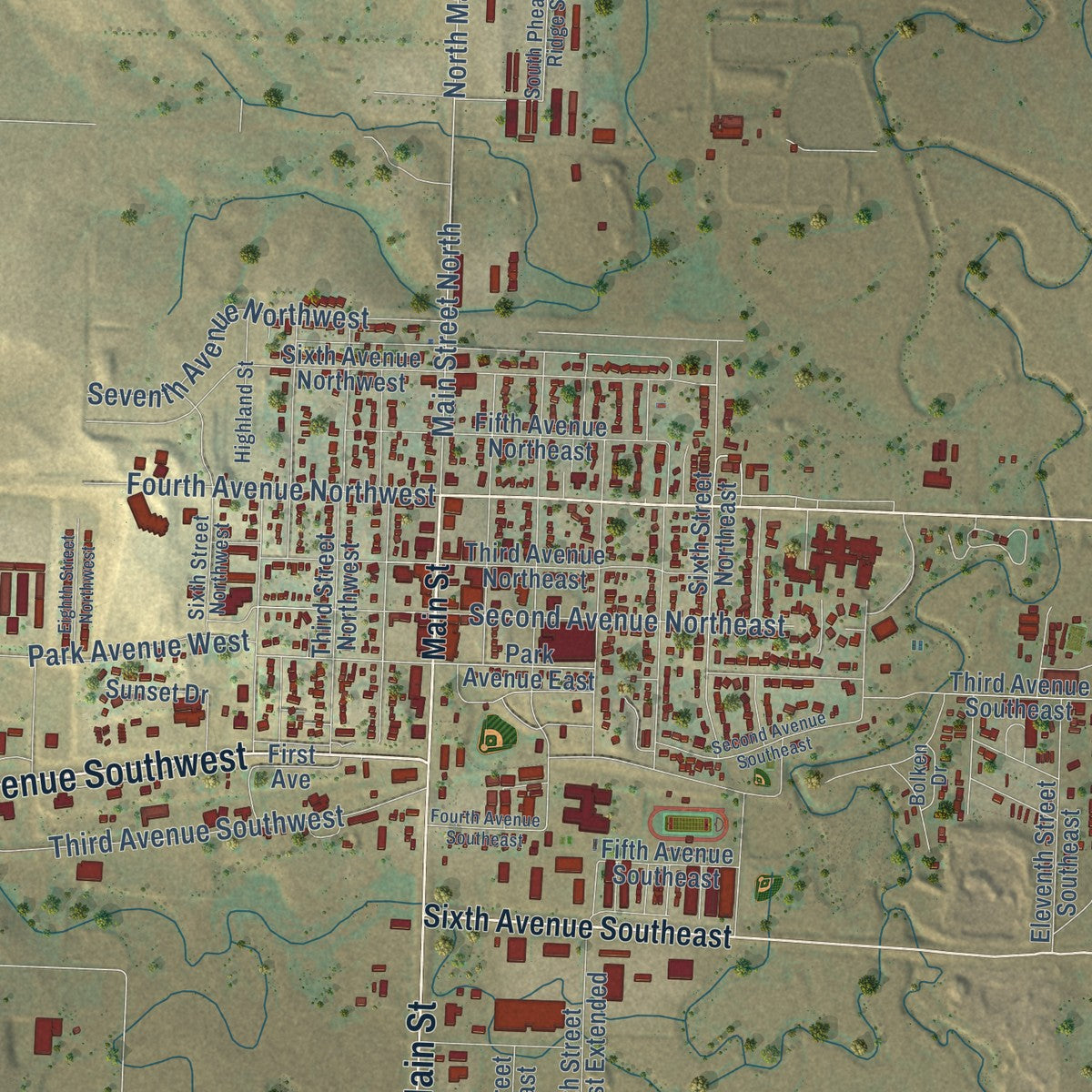 Close-up of the map of Watford City, North Dakota print showing street and building detail