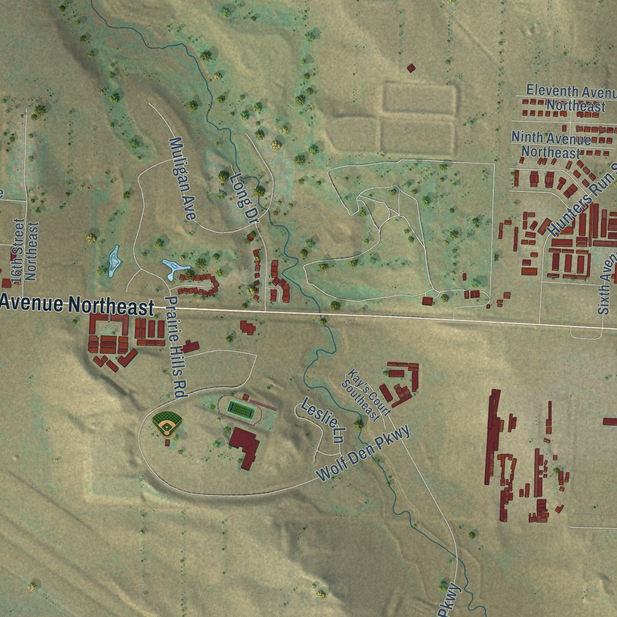 Second close-up of the map of Watford City, North Dakota print showing more streets and buildings