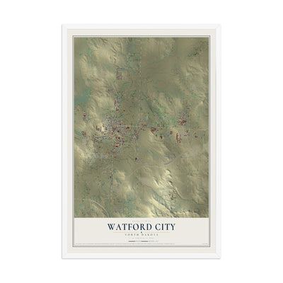 Map of Watford City, North Dakota, 12 x 18 inch print in a white wood frame