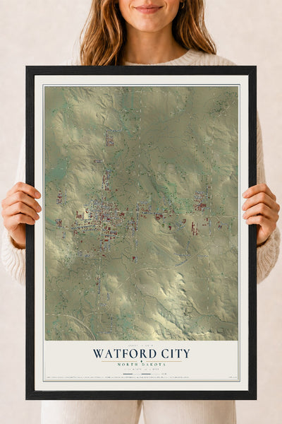 Map of Watford City, North Dakota, 18 x 24 inch print in a black wood frame