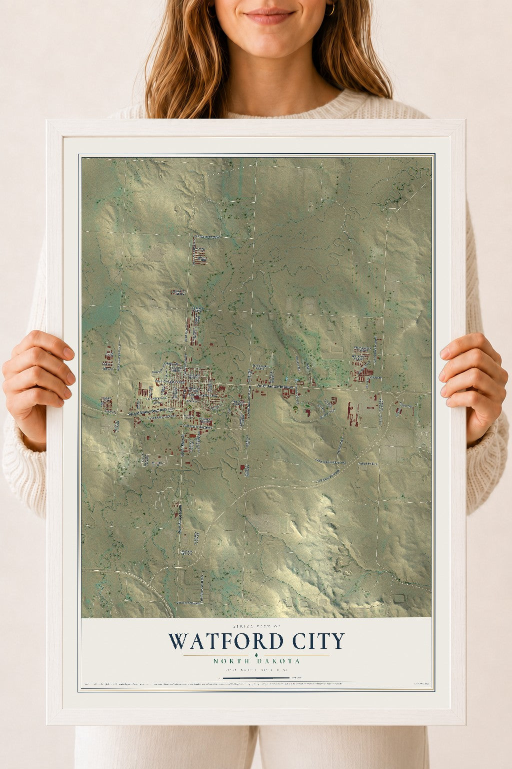 Map of Watford City, North Dakota, 18 x 24 inch print in a white wood frame