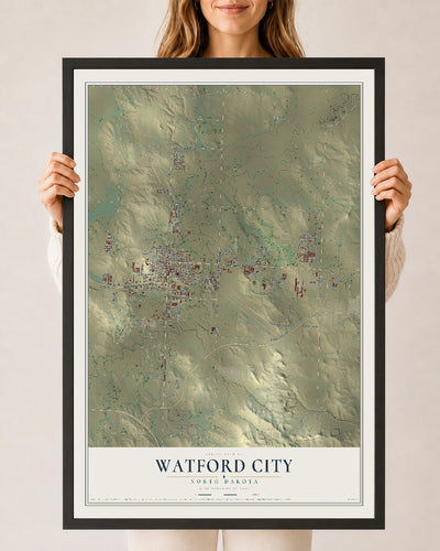 Map of Watford City, North Dakota, 24 x 36 inch print in a black wood frame