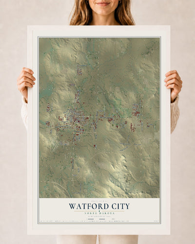 Map of Watford City, North Dakota, 24 x 36 inch print in a white wood frame