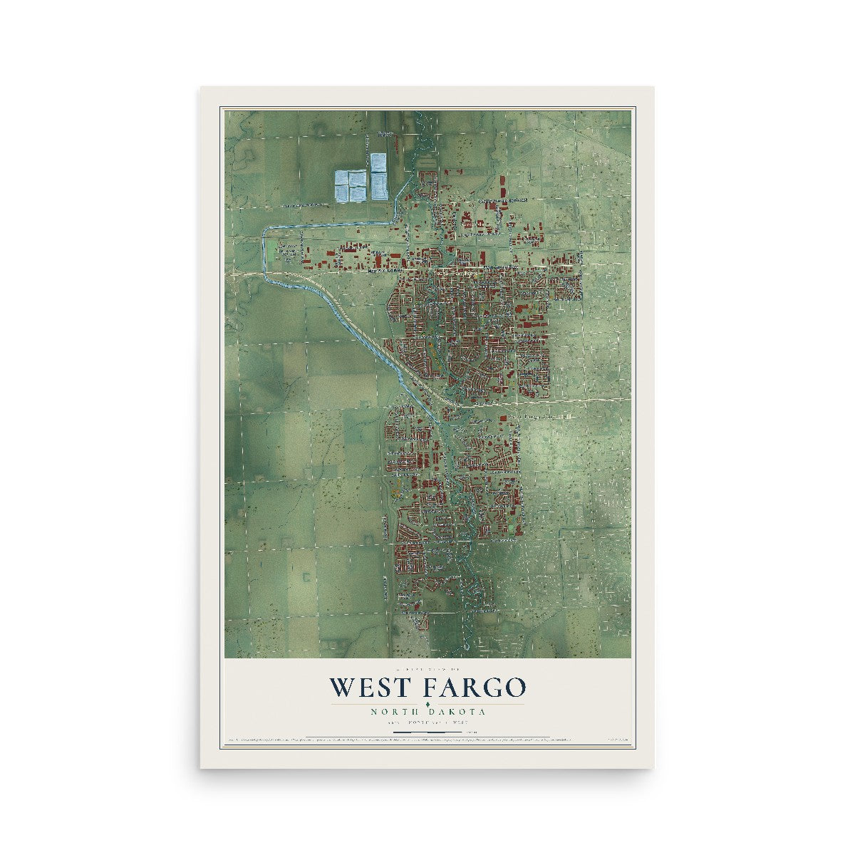 Map of West Fargo, North Dakota, 12 x 18 inch unframed archival matte print