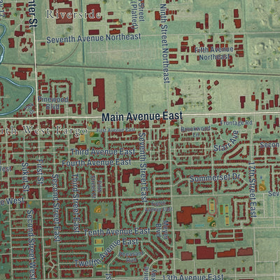 Close-up of the map of West Fargo, North Dakota print showing street and building detail
