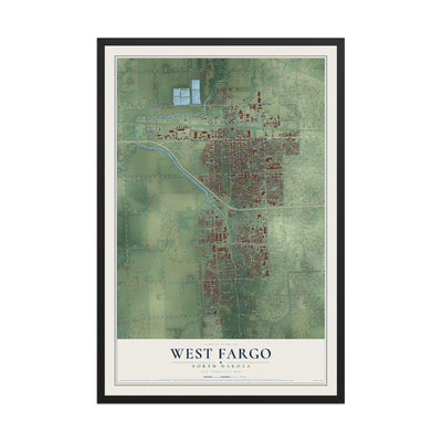Map of West Fargo, North Dakota, 12 x 18 inch print in a black wood frame