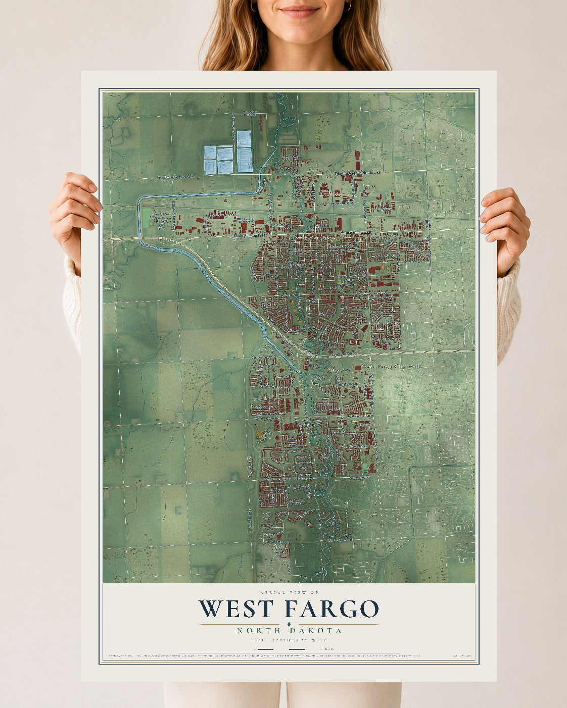 Map of West Fargo, North Dakota, 24 x 36 inch unframed archival matte print