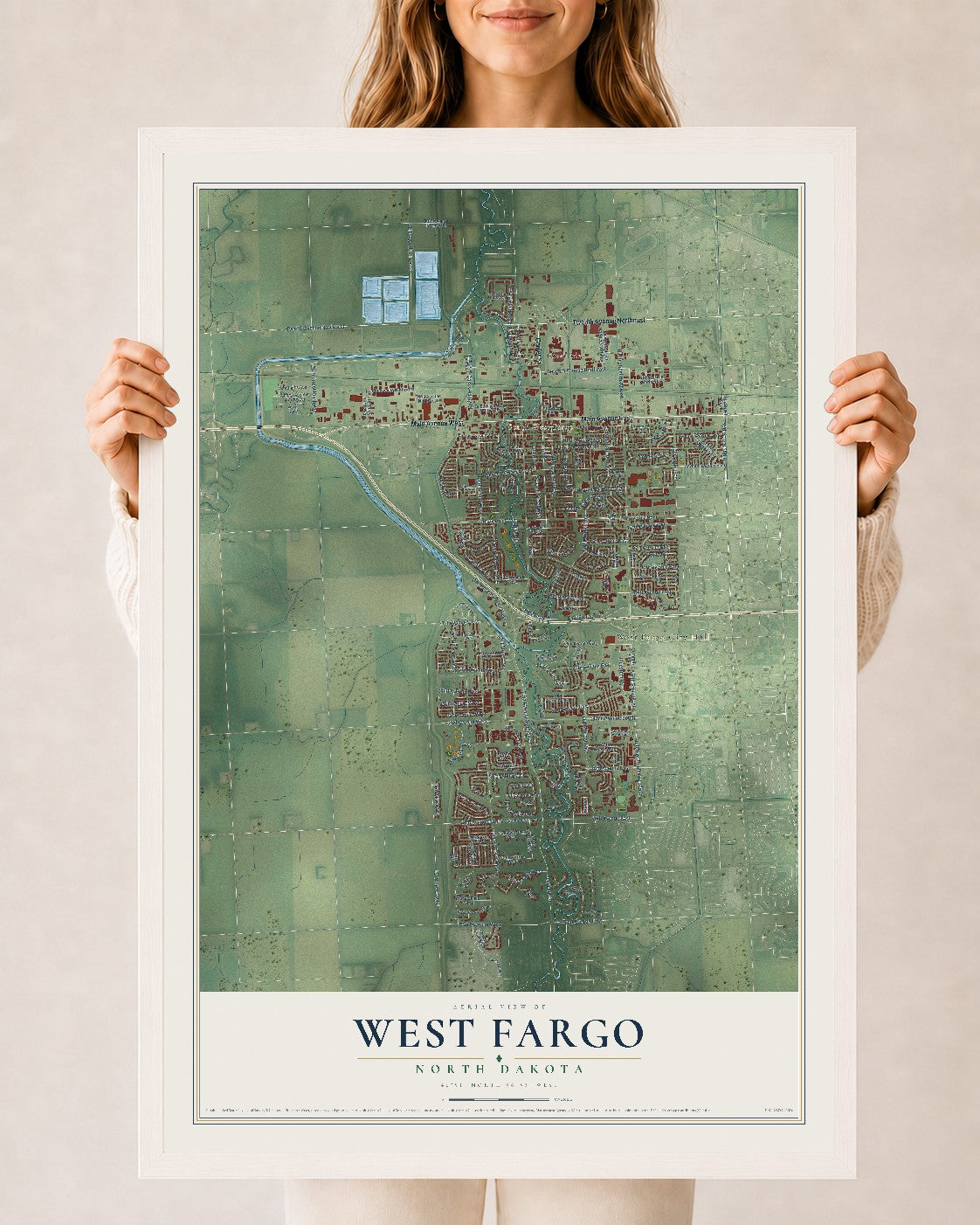 Map of West Fargo, North Dakota, 24 x 36 inch print in a white wood frame