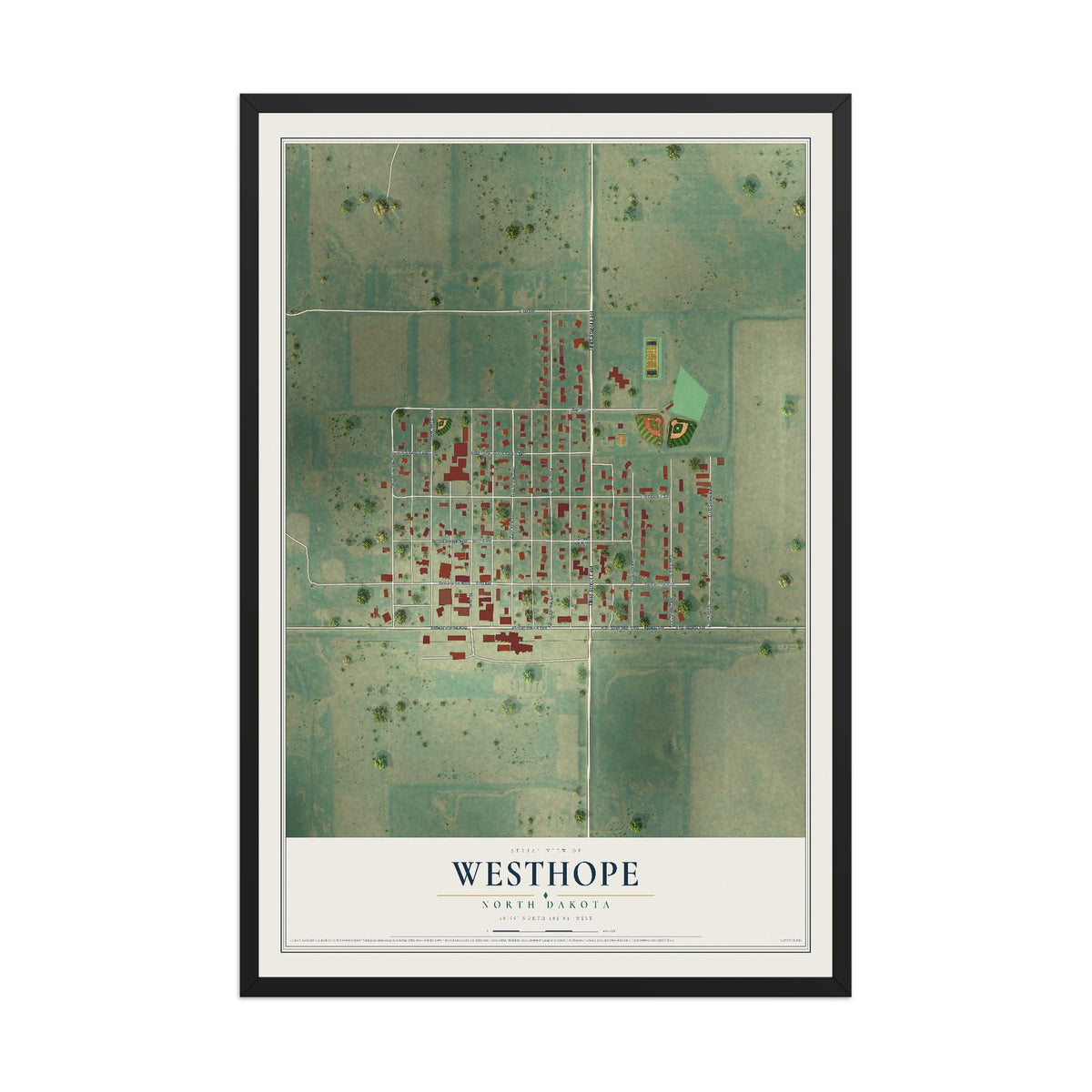 Map of Westhope, North Dakota, 12 x 18 inch print in a black wood frame