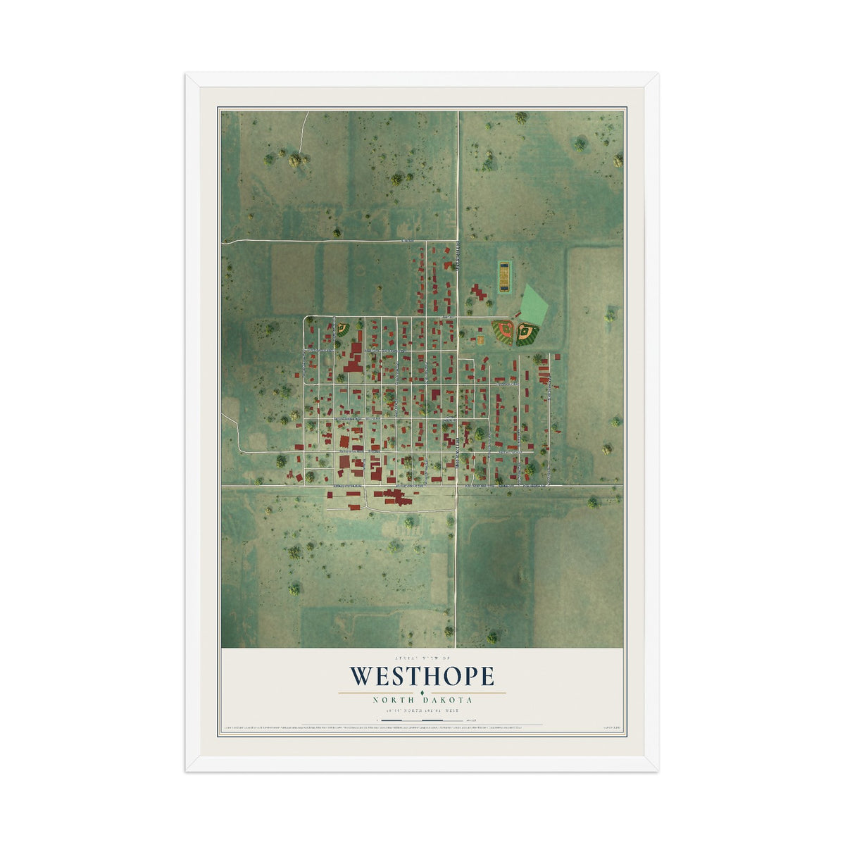 Map of Westhope, North Dakota, 12 x 18 inch print in a white wood frame