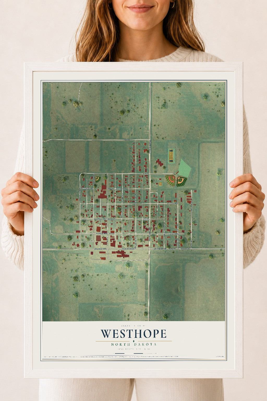 Map of Westhope, North Dakota, 18 x 24 inch print in a white wood frame