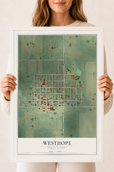 Map of Westhope, North Dakota, 18 x 24 inch print in a white wood frame