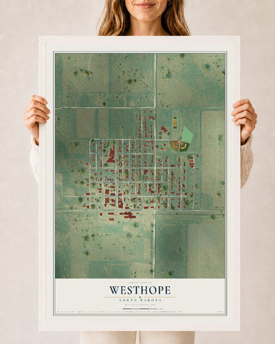 Map of Westhope, North Dakota, 24 x 36 inch print in a white wood frame