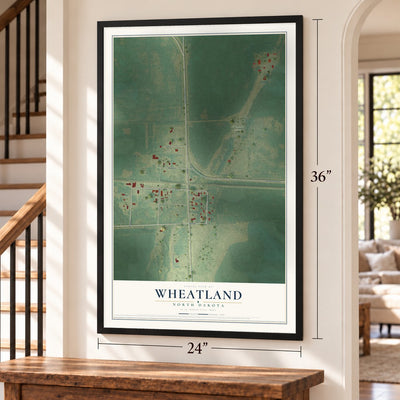 Wheatland, North Dakota map, 24 x 36 inch print in a black frame by a staircase