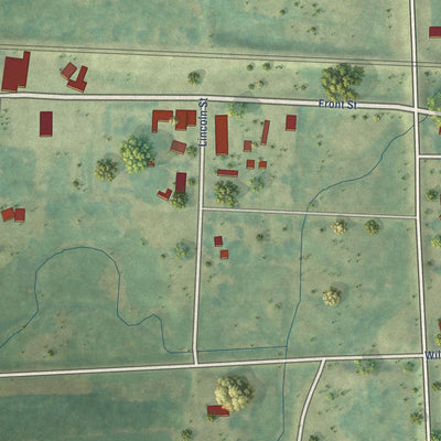 Close-up of the map of Wheatland, North Dakota print showing street and building detail
