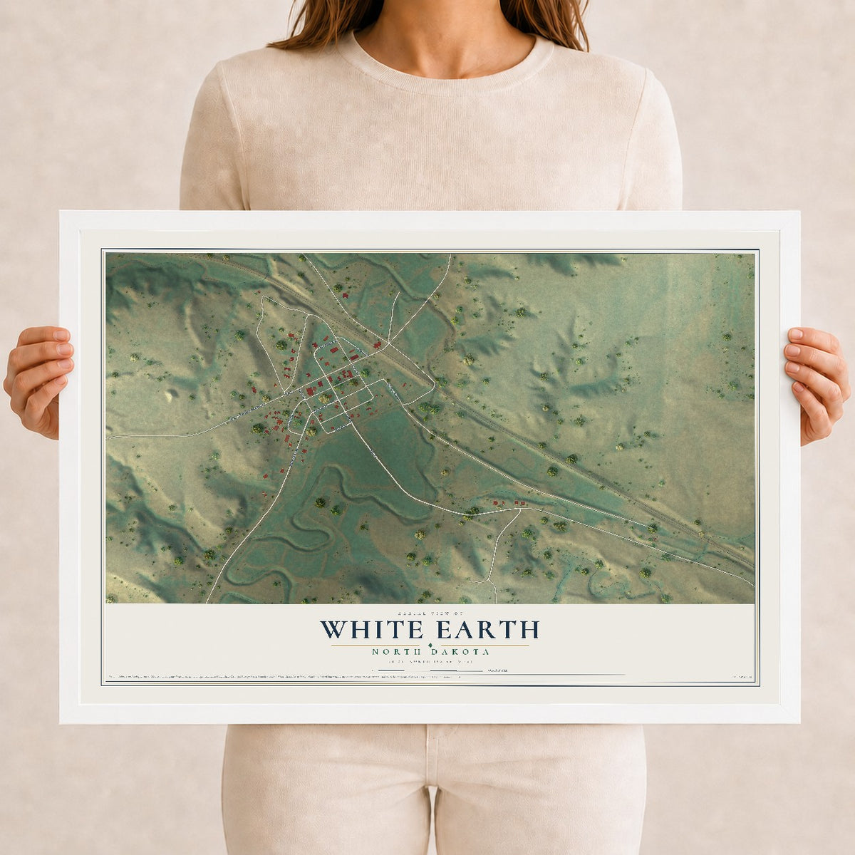 Map of White Earth, North Dakota, 12 x 18 inch print in a white wood frame