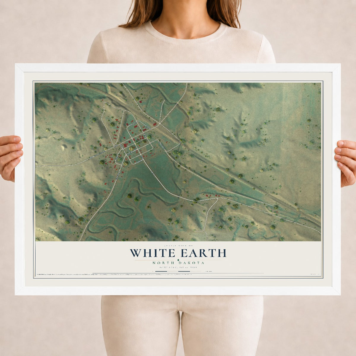 Map of White Earth, North Dakota, 18 x 24 inch print in a white wood frame