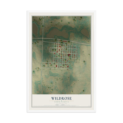 Map of Wildrose, North Dakota, 12 x 18 inch print in a white wood frame