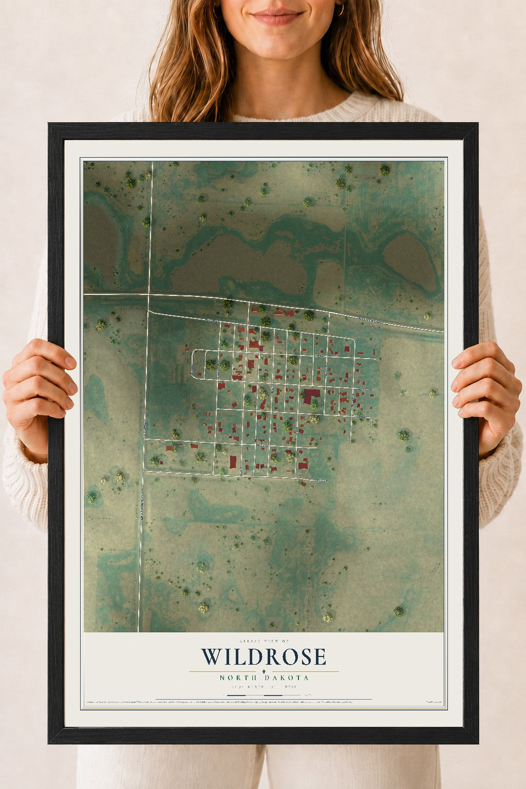 Map of Wildrose, North Dakota, 18 x 24 inch print in a black wood frame