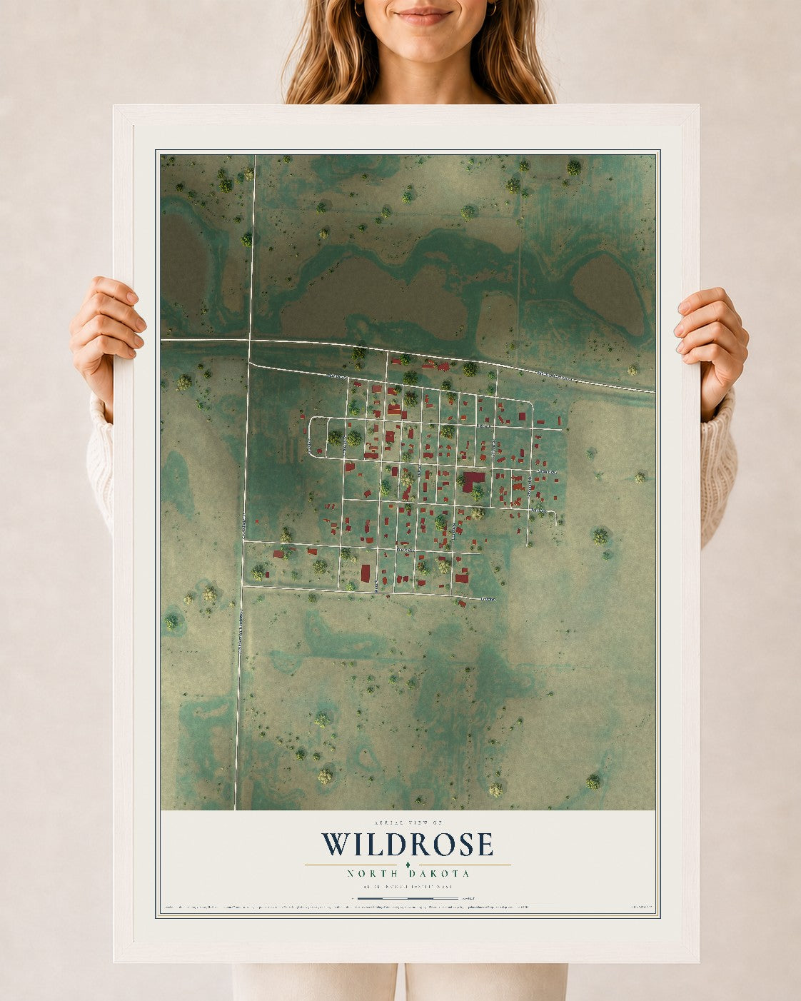 Map of Wildrose, North Dakota, 24 x 36 inch print in a white wood frame