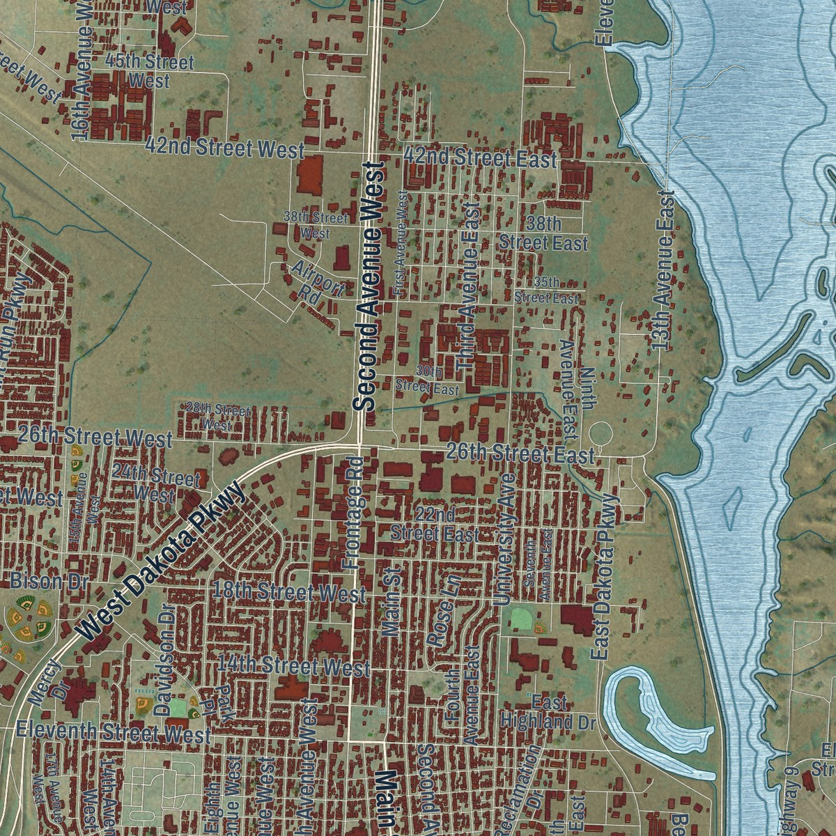 Close-up of the map of Williston, North Dakota print showing street and building detail