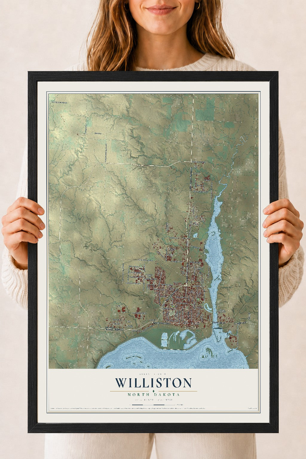 Map of Williston, North Dakota, 18 x 24 inch print in a black wood frame