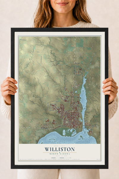 Map of Williston, North Dakota, 18 x 24 inch print in a black wood frame