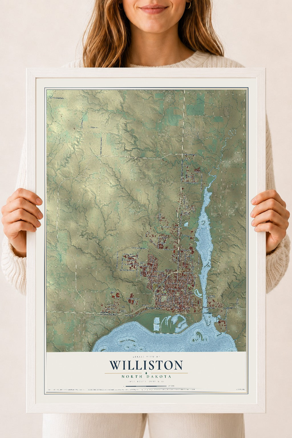 Map of Williston, North Dakota, 18 x 24 inch print in a white wood frame