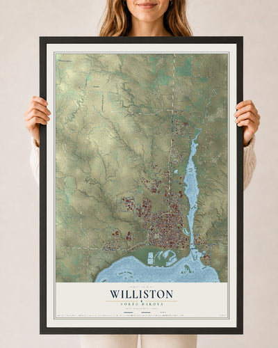 Map of Williston, North Dakota, 24 x 36 inch print in a black wood frame