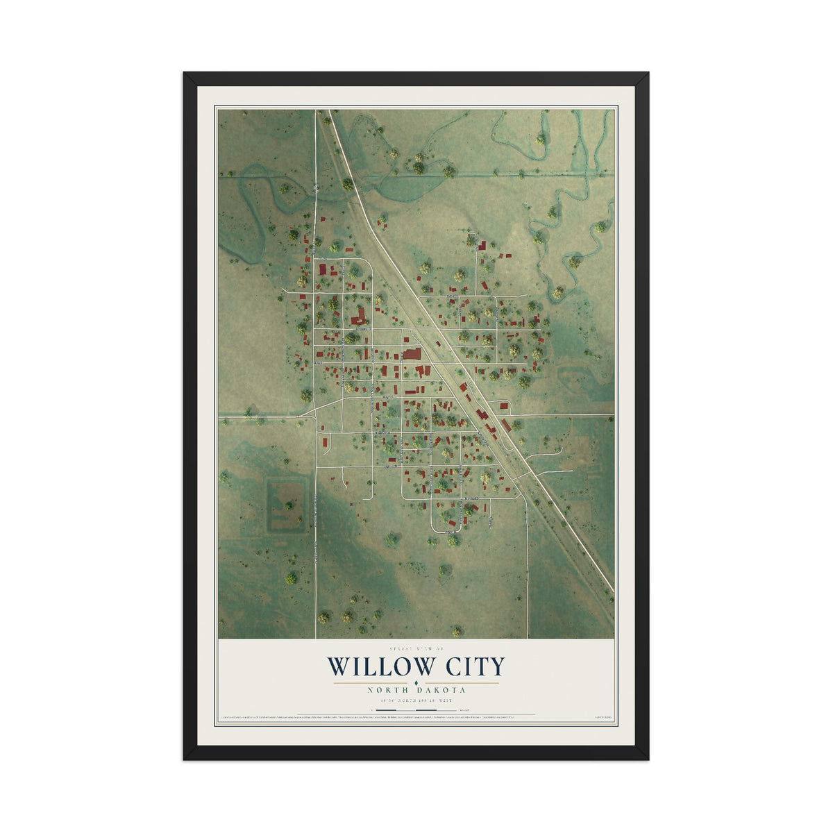 Map of Willow City, North Dakota, 12 x 18 inch print in a black wood frame