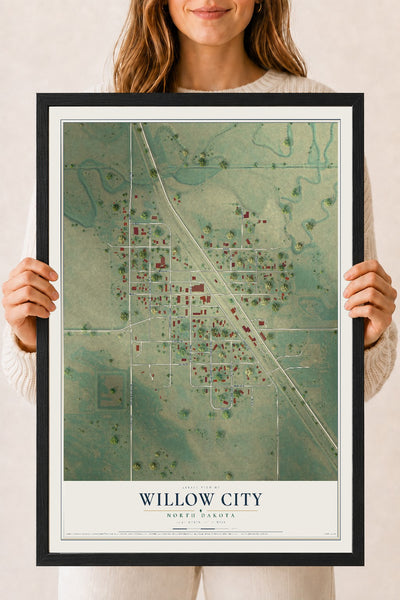 Map of Willow City, North Dakota, 18 x 24 inch print in a black wood frame