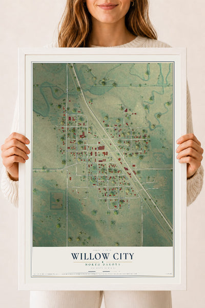 Map of Willow City, North Dakota, 18 x 24 inch print in a white wood frame