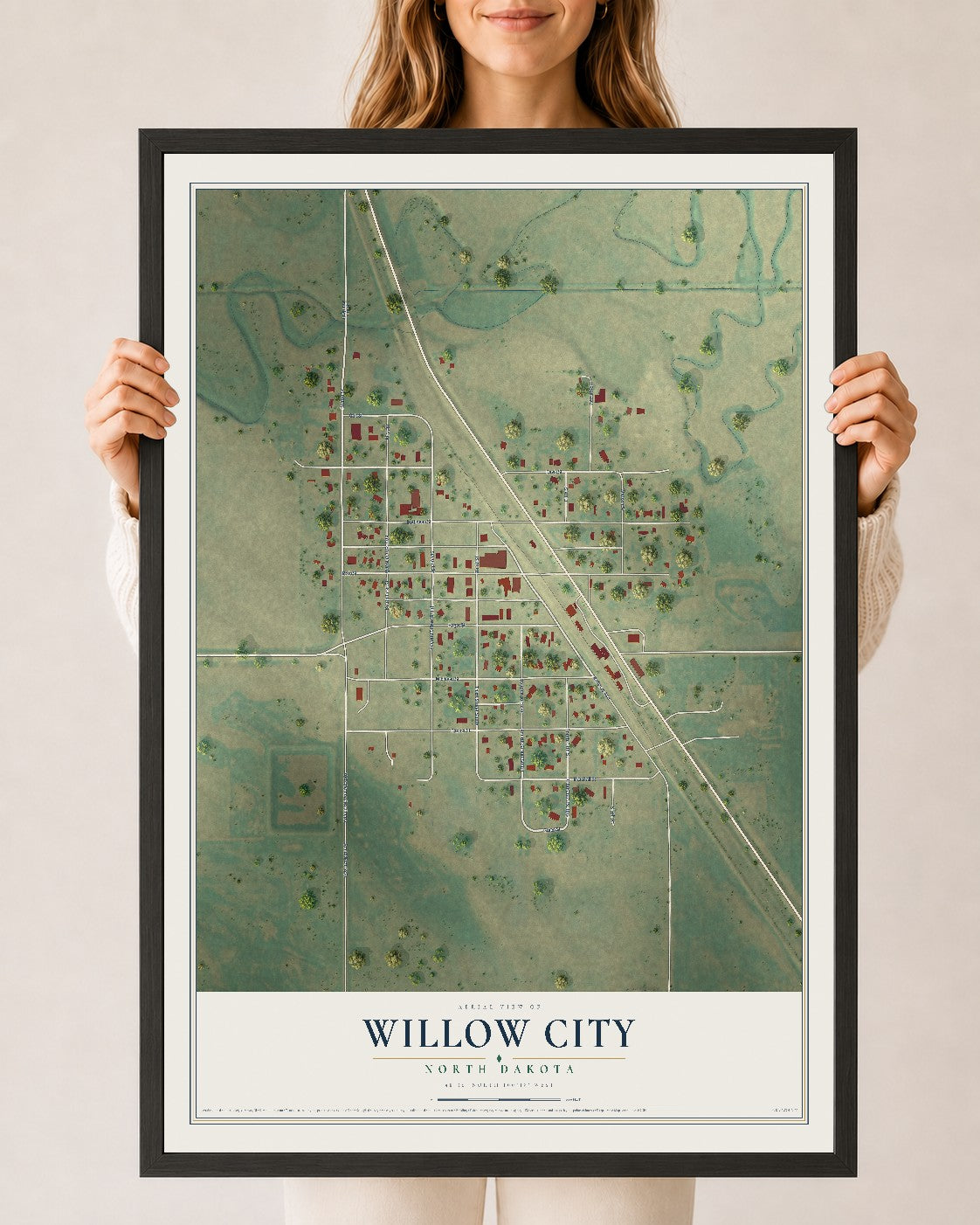 Map of Willow City, North Dakota, 24 x 36 inch print in a black wood frame