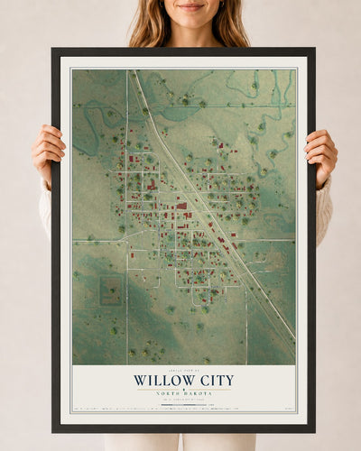 Map of Willow City, North Dakota, 24 x 36 inch print in a black wood frame