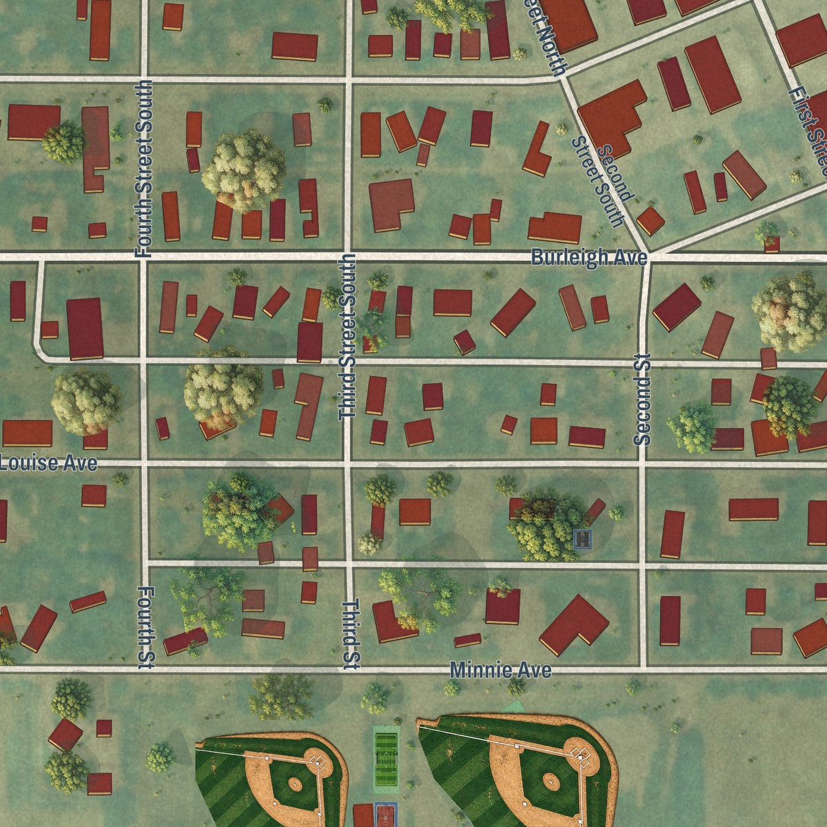 Close-up of the map of Wilton, North Dakota print showing street and building detail